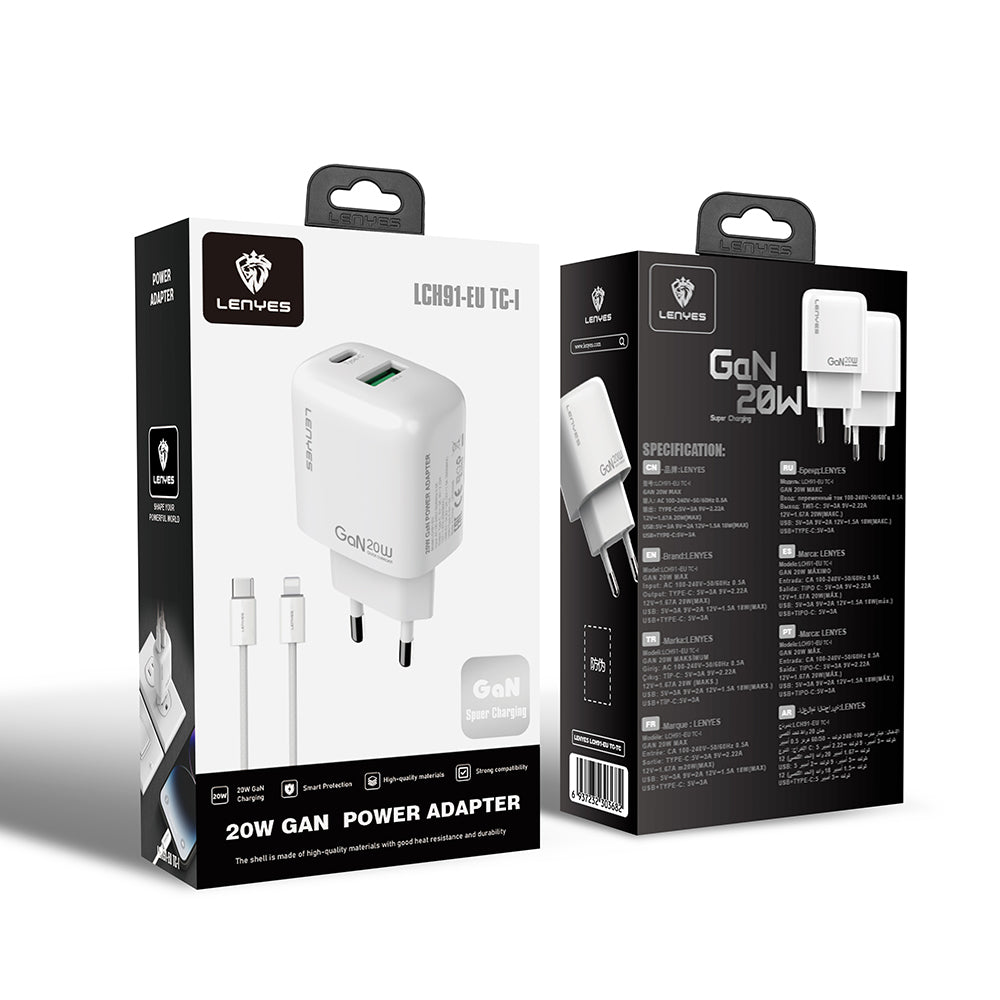 Lenyes LCH91-TC-L Type-C to Lightning GaN Teknolojili PD ve USB Hızlı Şarj Özellikli Şarj Seti 20W Lenyes LCH91-TC-L Type-C to Lightning GaN Teknolojili PD ve USB Hızlı Şarj Özellikli Şarj Seti 20W